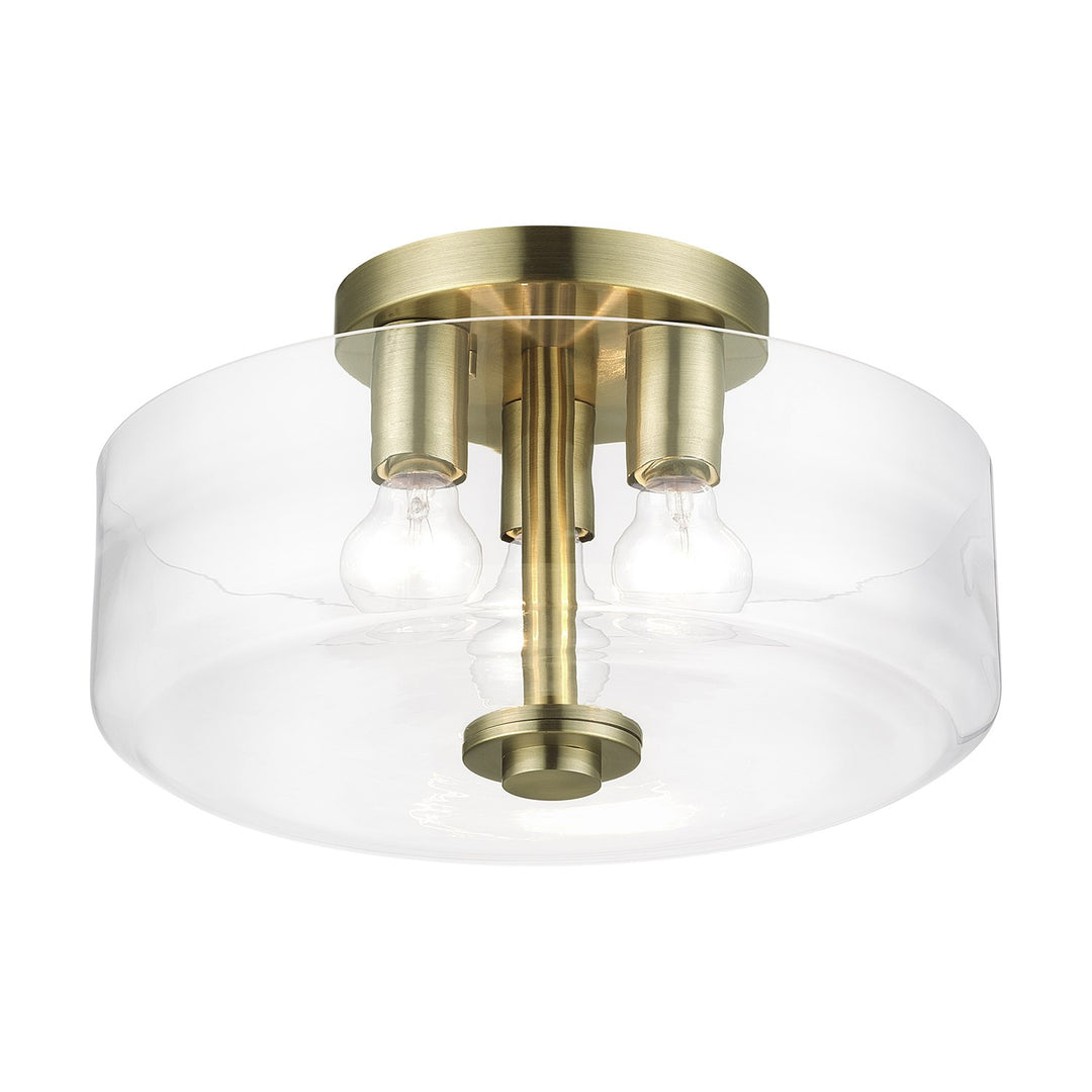 3 Light Antique Brass Large Semi-Flush With Mouth Blown Clear Glass