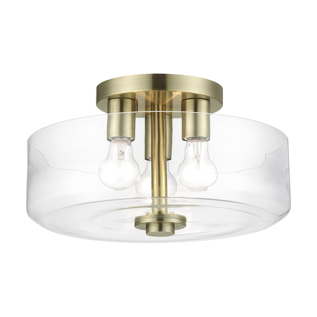 3 Light Antique Brass Large Semi-Flush With Mouth Blown Clear Glass