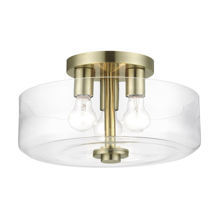 3 Light Antique Brass Large Semi-Flush With Mouth Blown Clear Glass