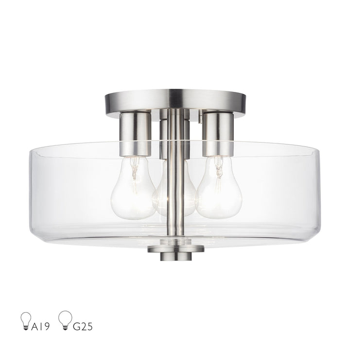 3 Light Brushed Nickel Large Semi-Flush With Mouth Blown Clear Glass by Livex Lighting
