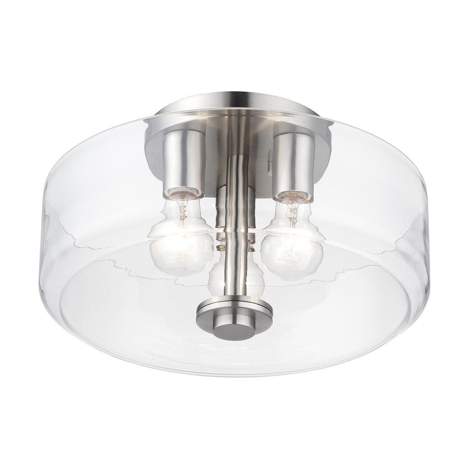 3 Light Brushed Nickel Large Semi-Flush With Mouth Blown Clear Glass