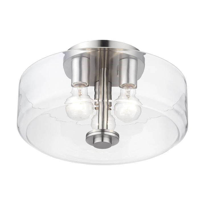 3 Light Brushed Nickel Large Semi-Flush With Mouth Blown Clear Glass