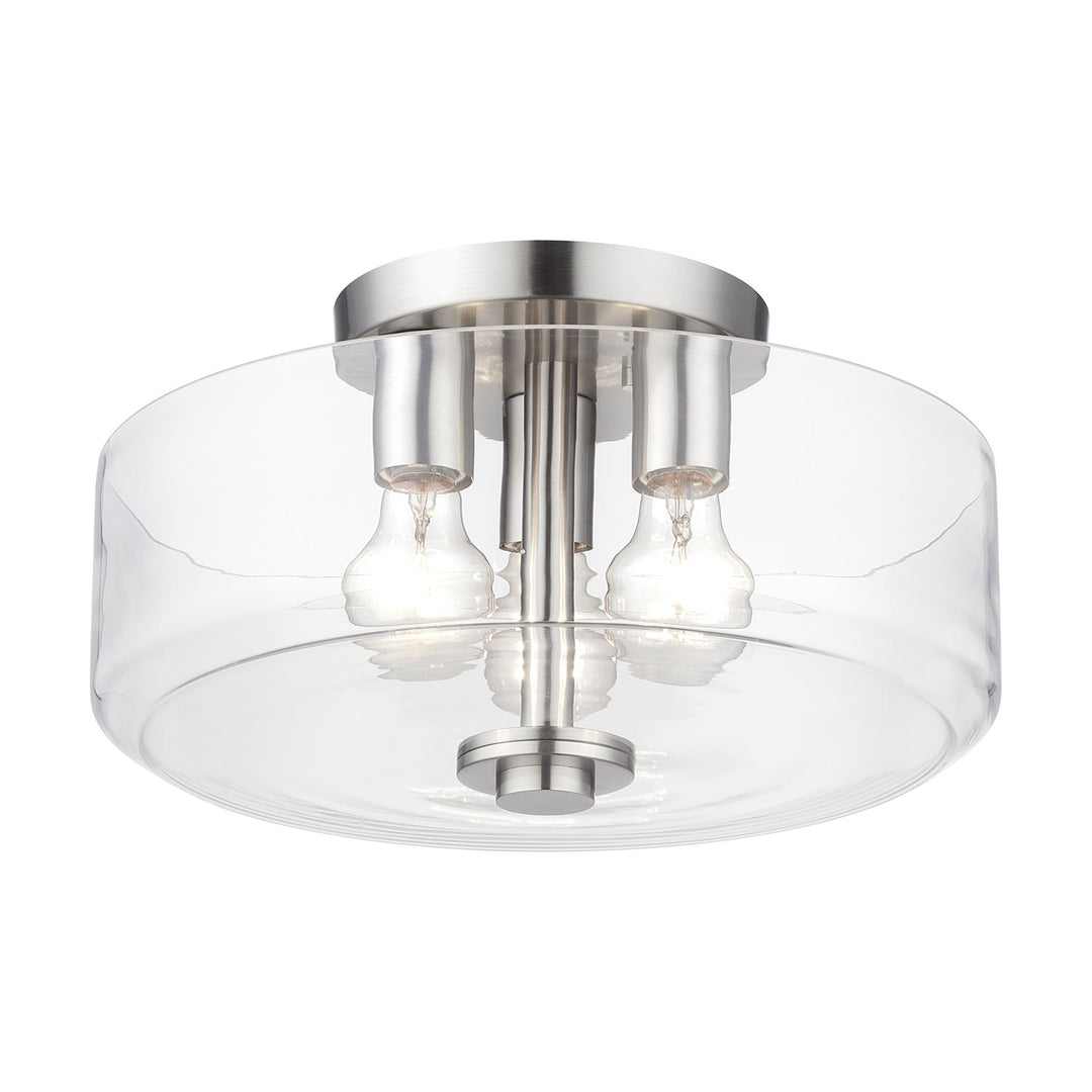 3 Light Brushed Nickel Large Semi-Flush With Mouth Blown Clear Glass