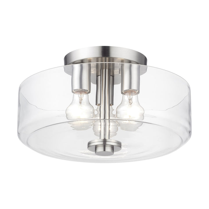 3 Light Brushed Nickel Large Semi-Flush With Mouth Blown Clear Glass