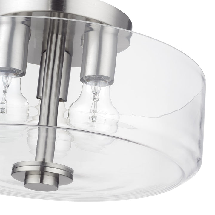 3 Light Brushed Nickel Large Semi-Flush With Mouth Blown Clear Glass