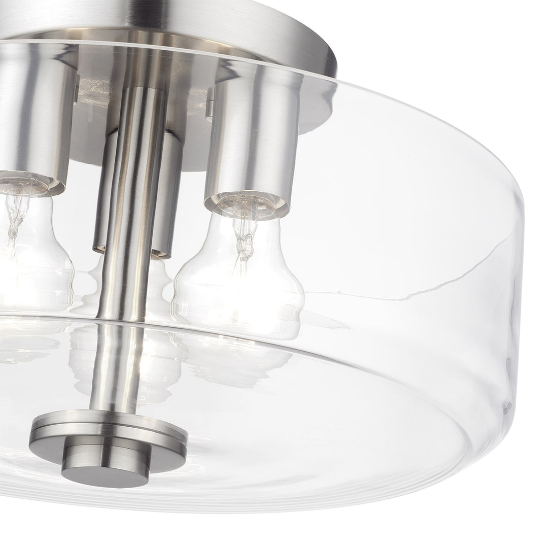 3 Light Brushed Nickel Large Semi-Flush With Mouth Blown Clear Glass
