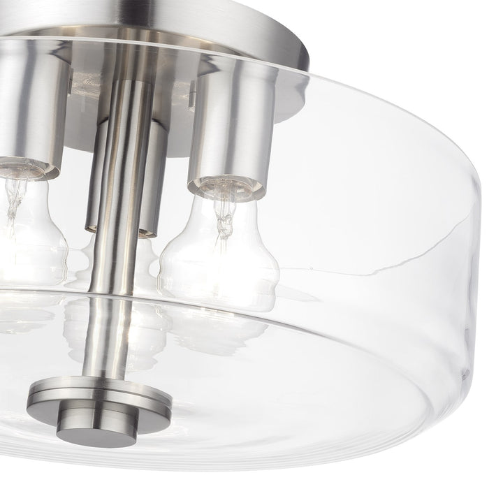 3 Light Brushed Nickel Large Semi-Flush With Mouth Blown Clear Glass