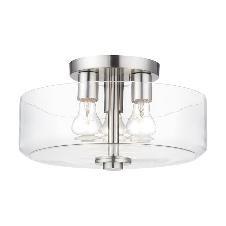 3 Light Brushed Nickel Large Semi-Flush With Mouth Blown Clear Glass