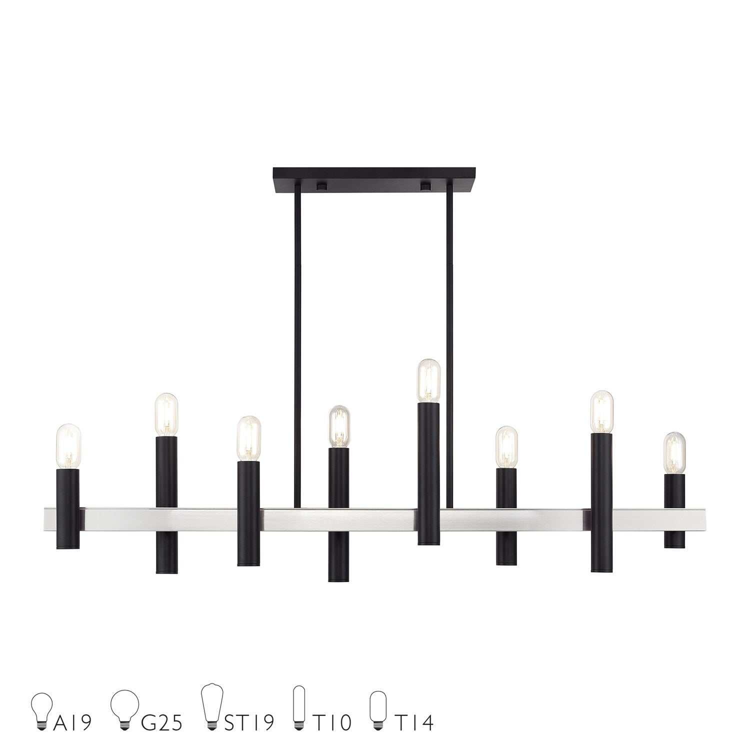 8 Light Black Extra Large Linear Chandelier With Brushed Nickel Accents by Livex Lighting