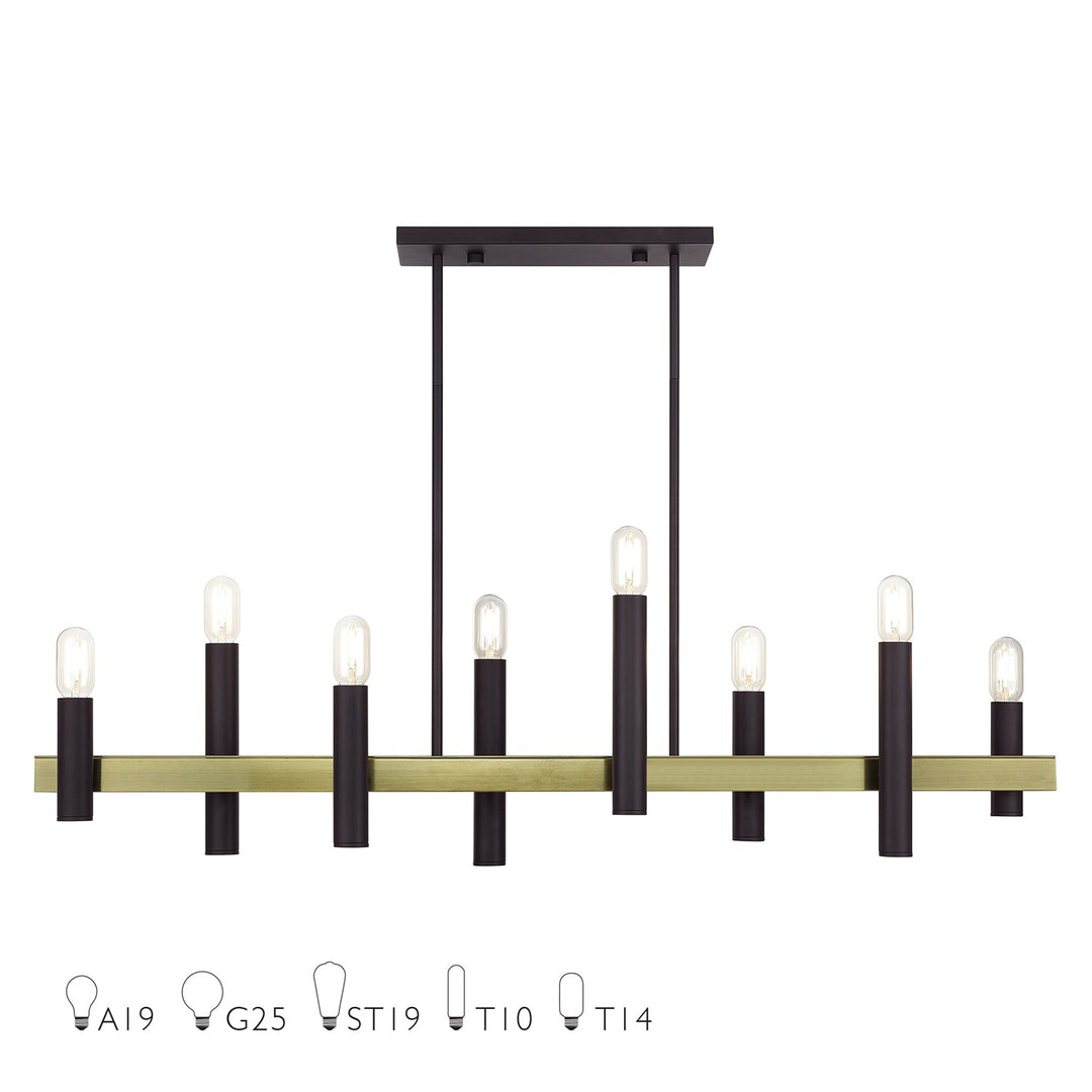 8 Light Bronze Extra Large Linear Chandelier With Antique Brass Accents by Livex Lighting