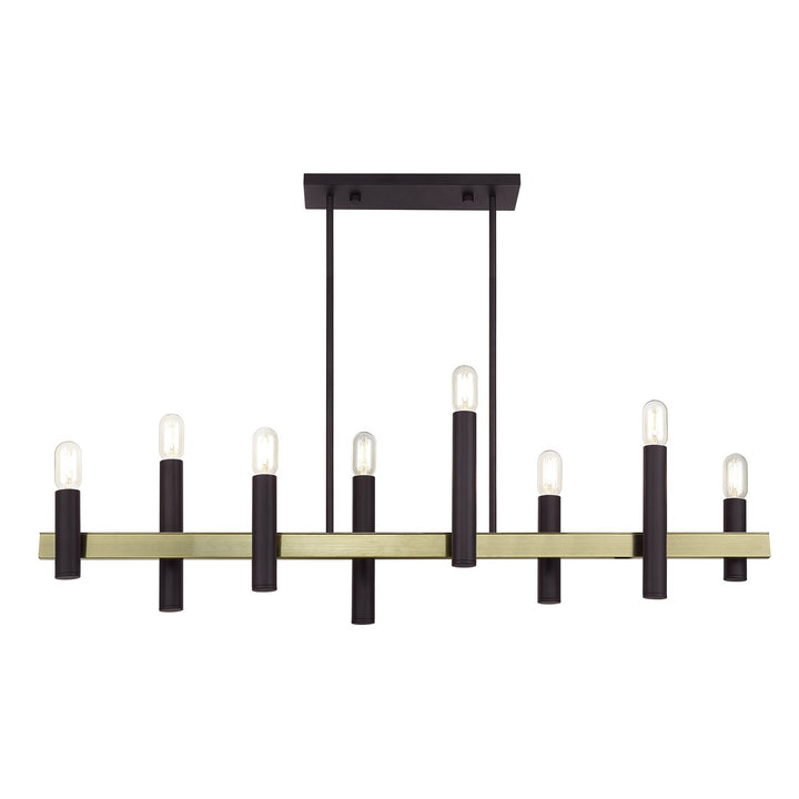 8 Light Bronze Extra Large Linear Chandelier With Antique Brass Accents