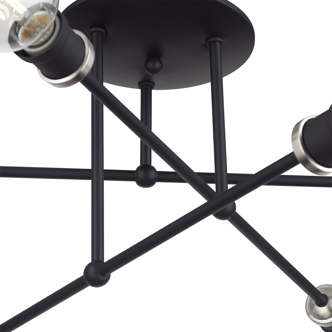 6 Light Black Extra Large Semi-Flush With Brushed Nickel Accents