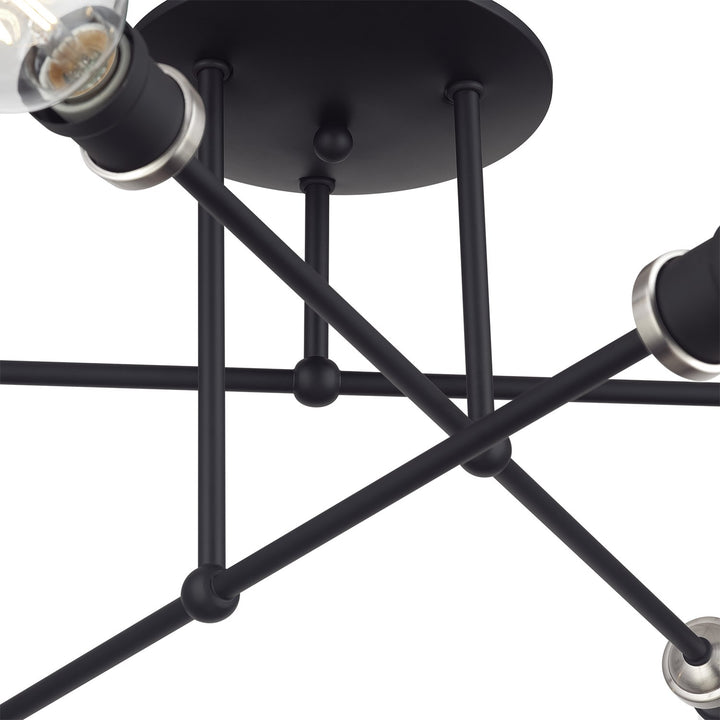 6 Light Black Extra Large Semi-Flush With Brushed Nickel Accents