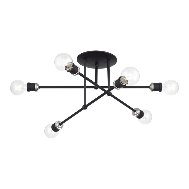 6 Light Black Extra Large Semi-Flush With Brushed Nickel Accents
