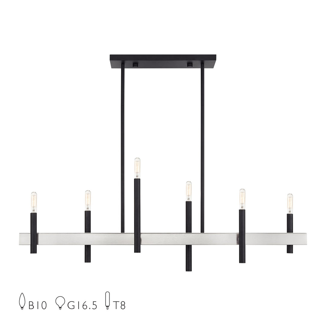 6 Light Black Large Linear Chandelier With Brushed Nickel Accents by Livex Lighting