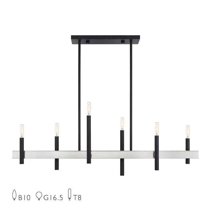 6 Light Black Large Linear Chandelier With Brushed Nickel Accents by Livex Lighting