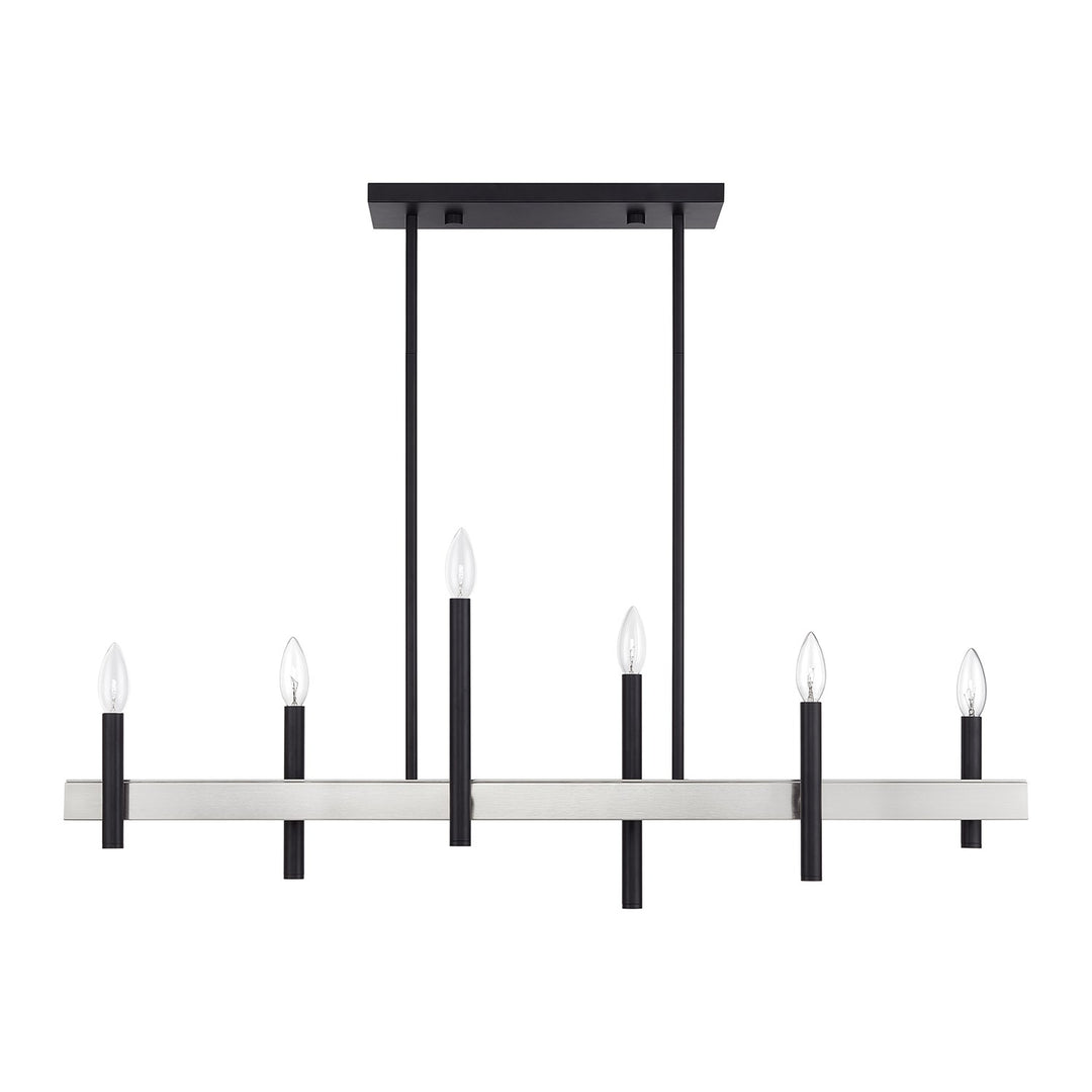 6 Light Black Large Linear Chandelier With Brushed Nickel Accents