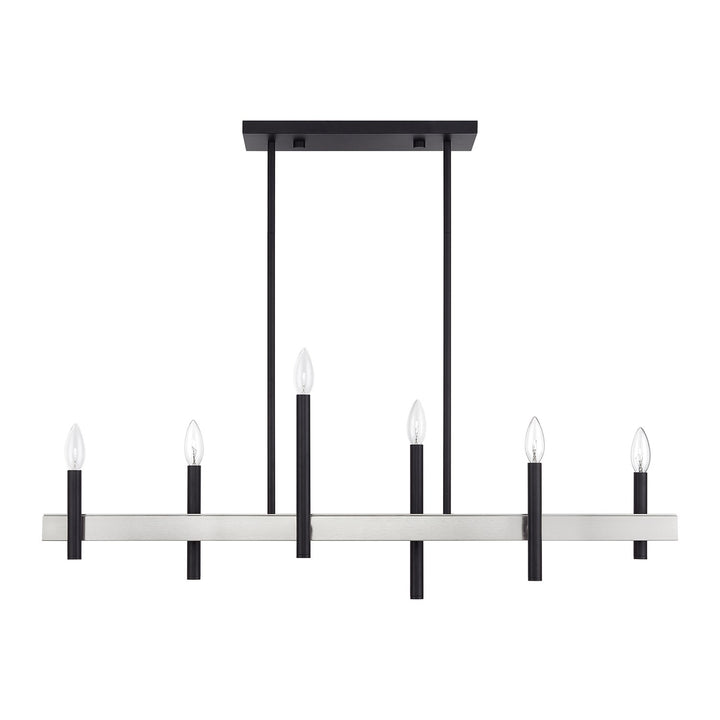 6 Light Black Large Linear Chandelier With Brushed Nickel Accents