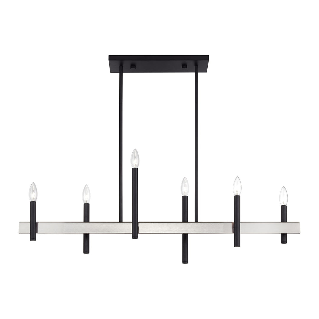 6 Light Black Large Linear Chandelier With Brushed Nickel Accents
