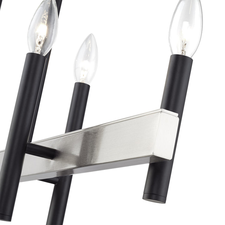 6 Light Black Large Linear Chandelier With Brushed Nickel Accents
