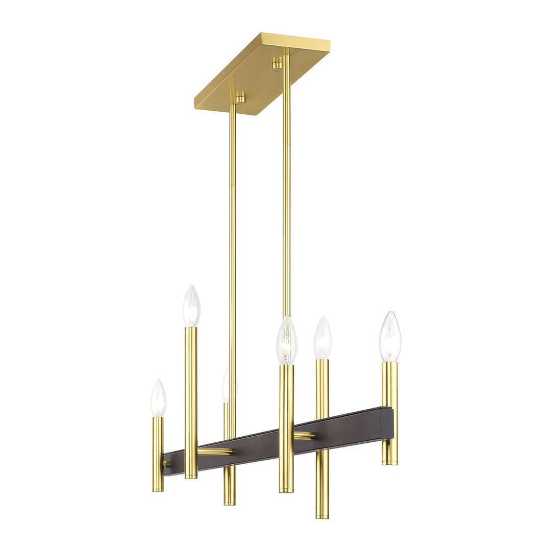 6 Light Satin Brass Extra Large Linear Chandelier With Bronze Accents