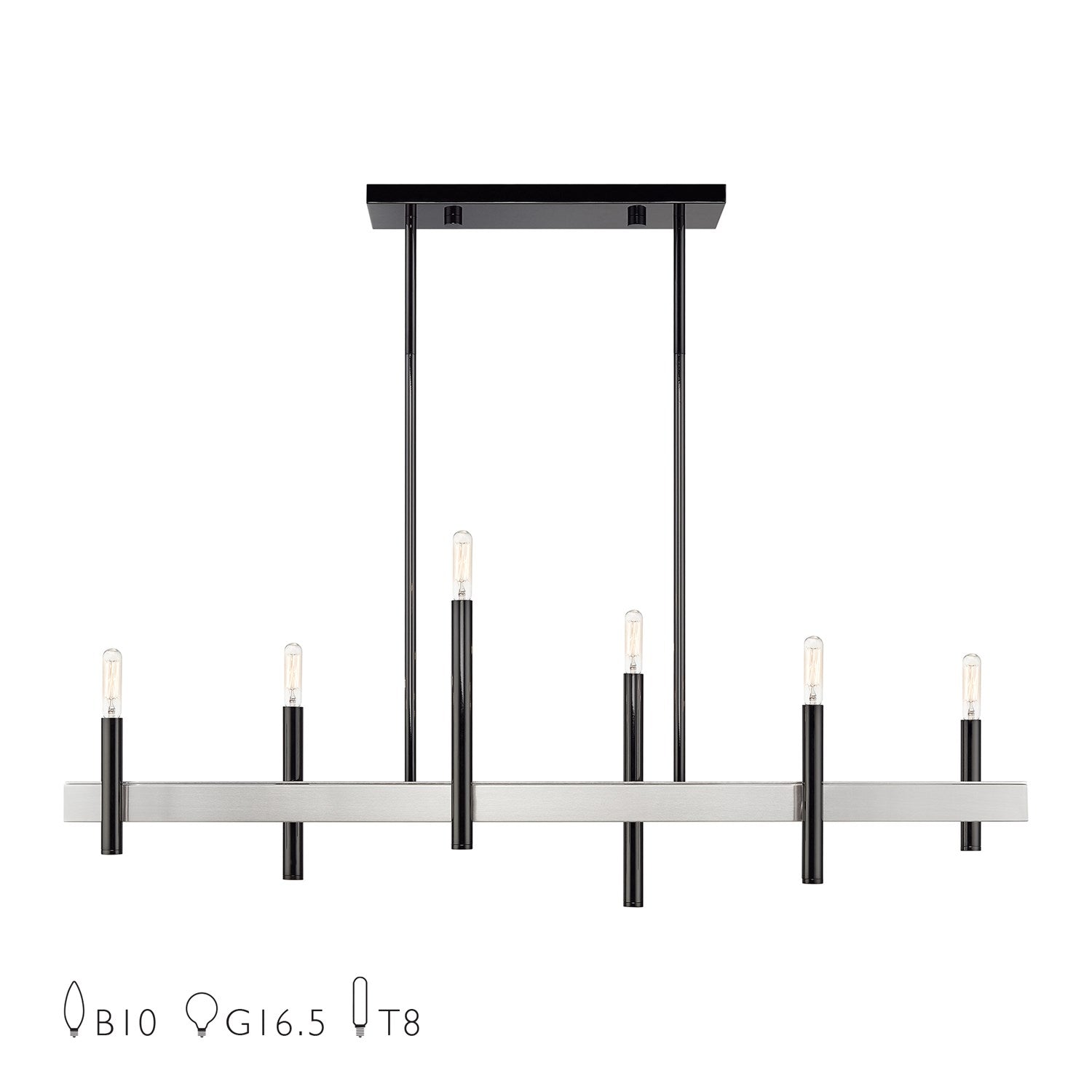 6 Light Black Chrome Extra Large Linear Chandelier With Brushed Nickel Accents by Livex Lighting