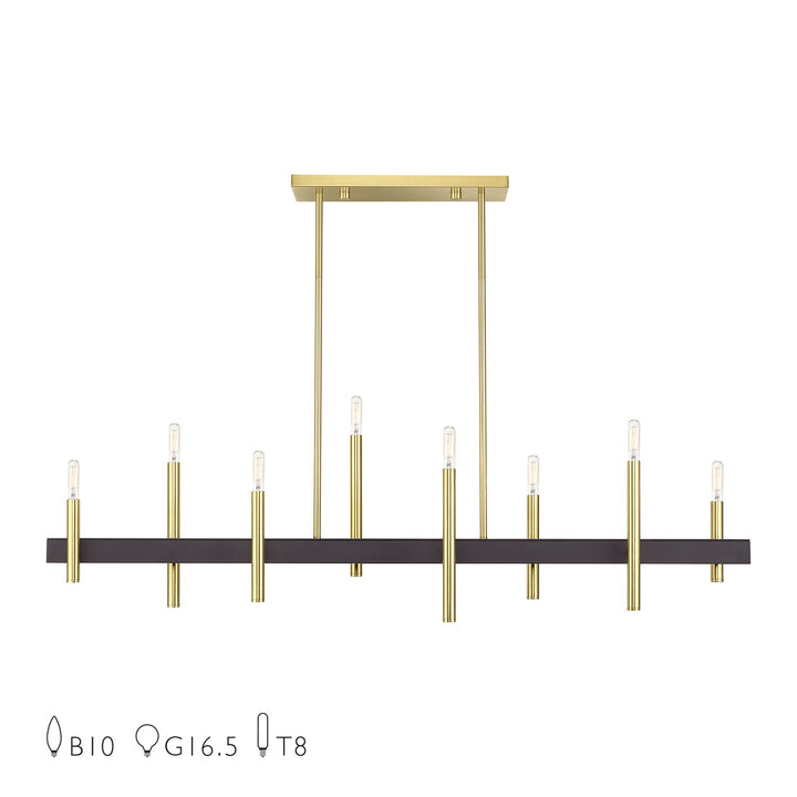 8 Light Satin Brass Extra Large Linear Chandelier With Bronze Accents by Livex Lighting