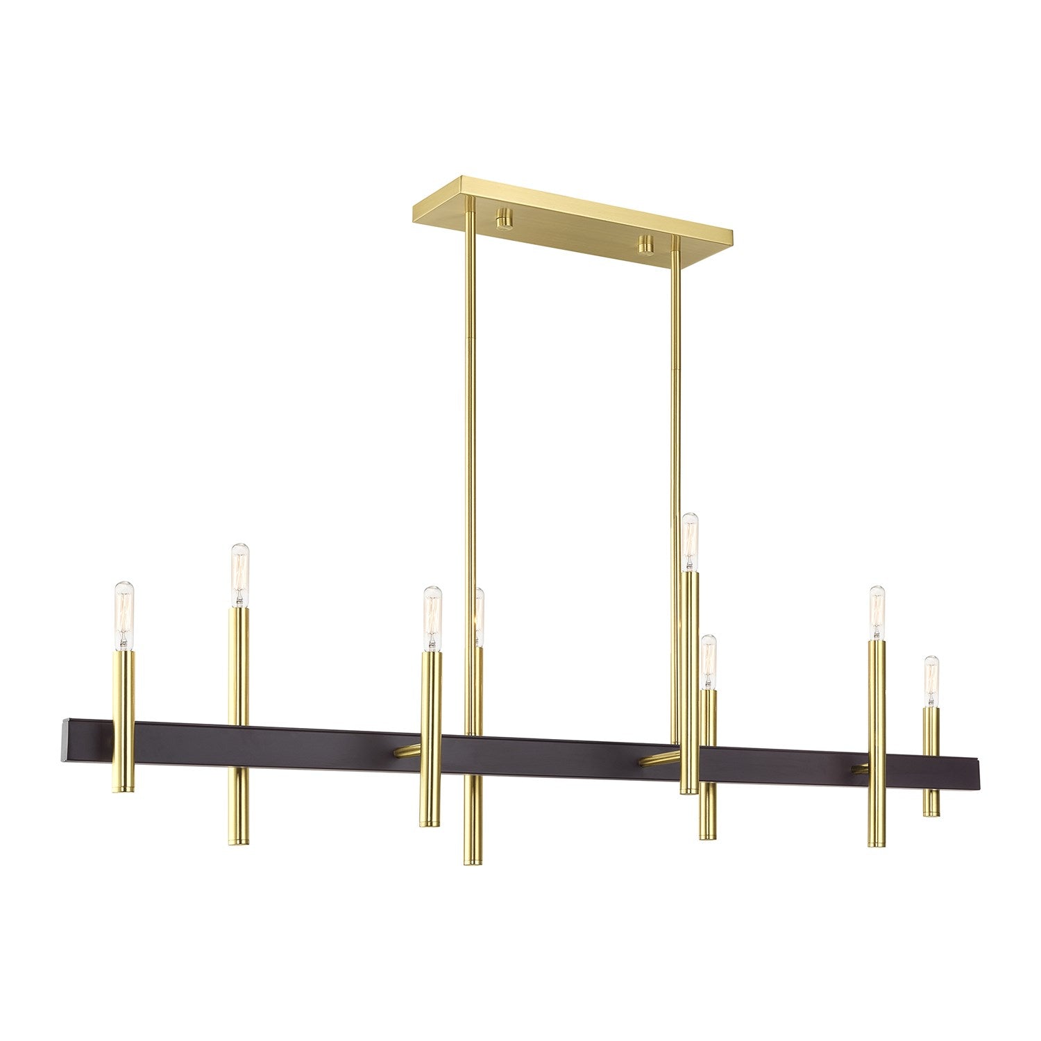 8 Light Satin Brass Extra Large Linear Chandelier With Bronze Accents