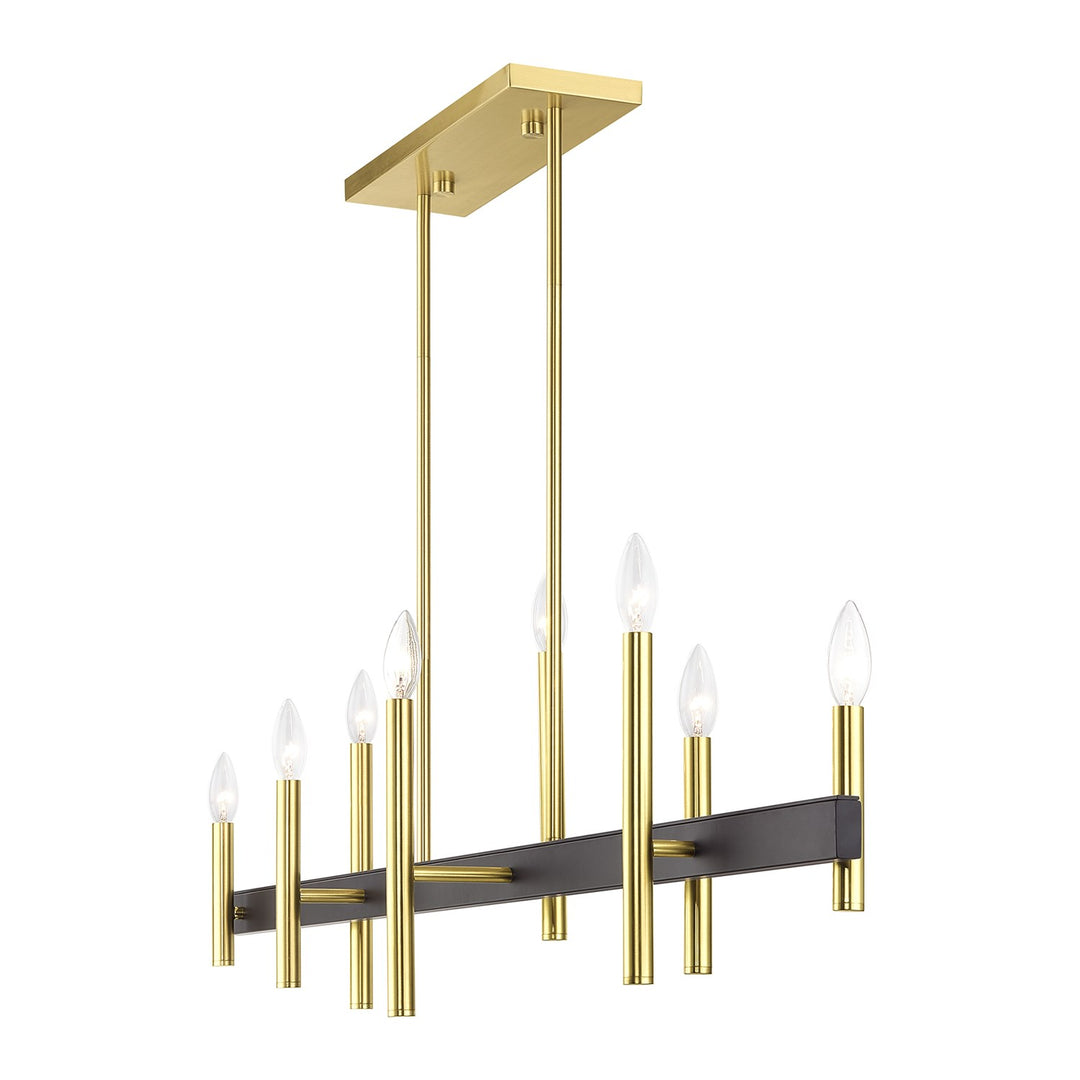8 Light Satin Brass Extra Large Linear Chandelier With Bronze Accents