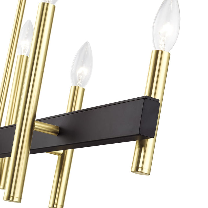 8 Light Satin Brass Extra Large Linear Chandelier With Bronze Accents