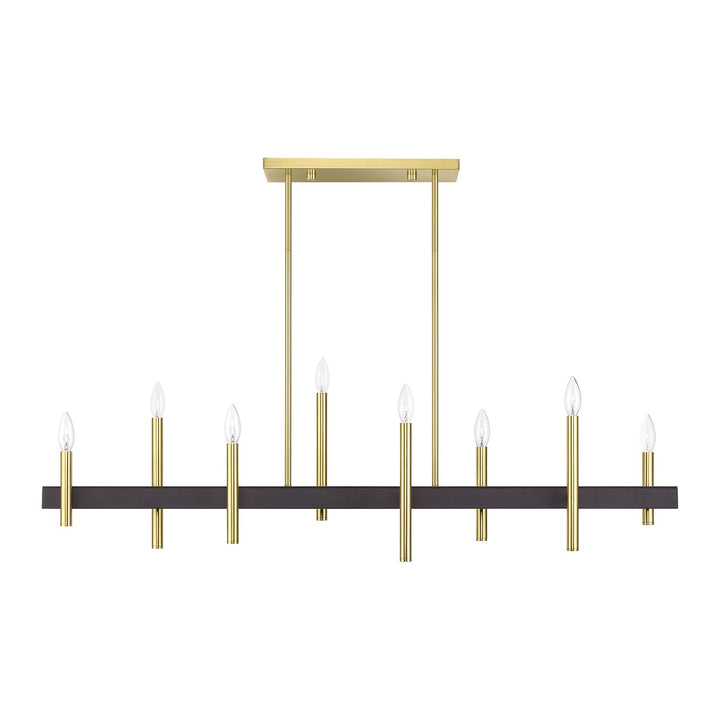 8 Light Satin Brass Extra Large Linear Chandelier With Bronze Accents