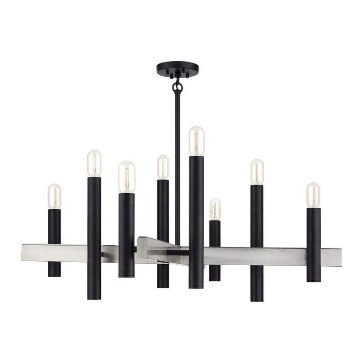 8 Light Black Large Chandelier With Brushed Nickel Accents