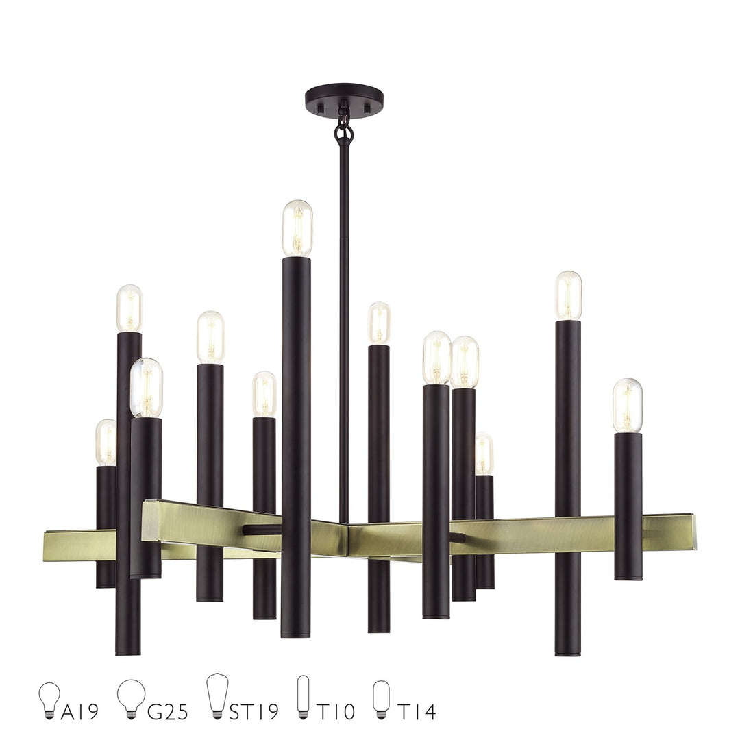 12 Light Bronze Large Foyer Chandelier With Antique Brass Accents by Livex Lighting
