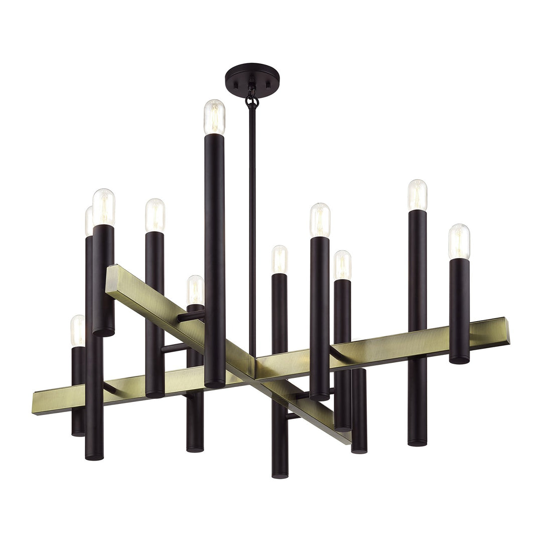 12 Light Bronze Large Foyer Chandelier With Antique Brass Accents