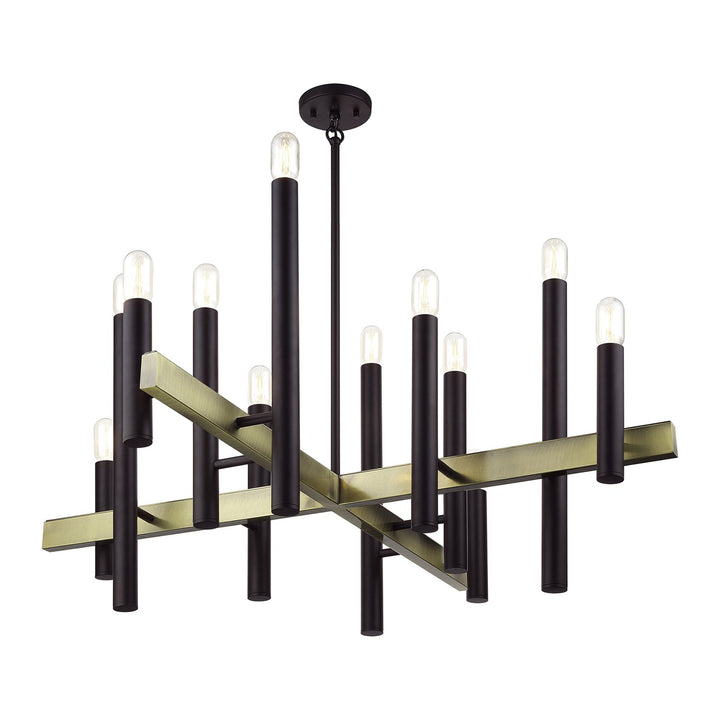 12 Light Bronze Large Foyer Chandelier With Antique Brass Accents