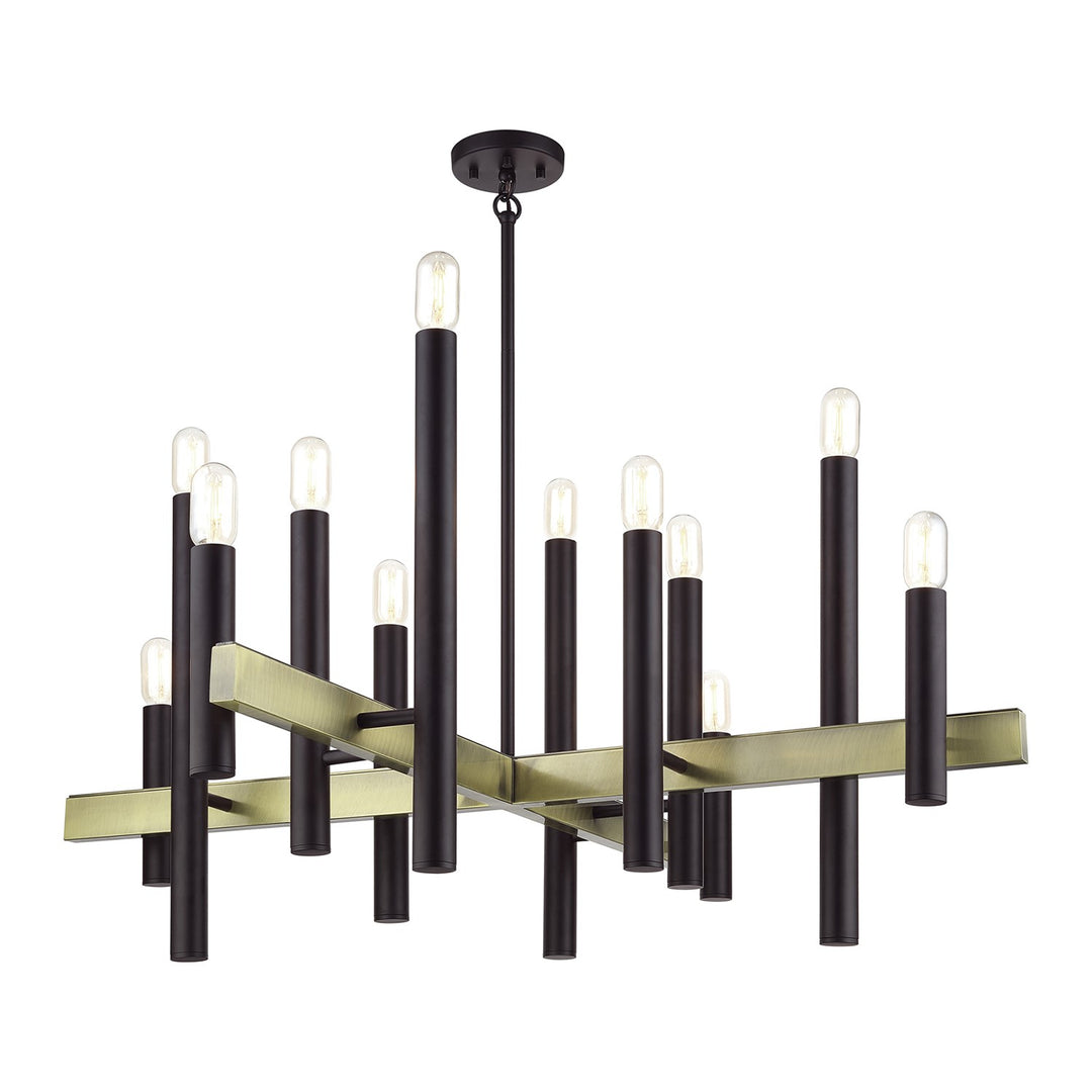 12 Light Bronze Large Foyer Chandelier With Antique Brass Accents