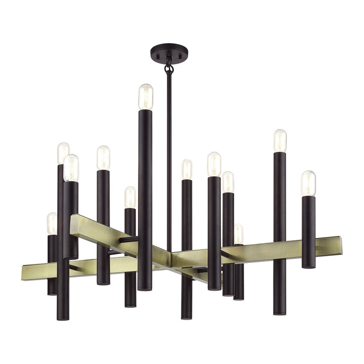 12 Light Bronze Large Foyer Chandelier With Antique Brass Accents