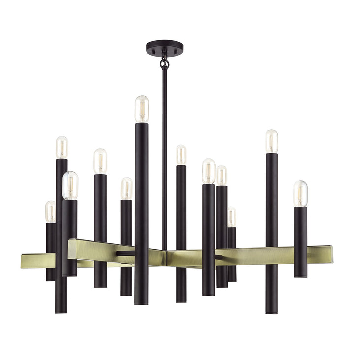 12 Light Bronze Large Foyer Chandelier With Antique Brass Accents