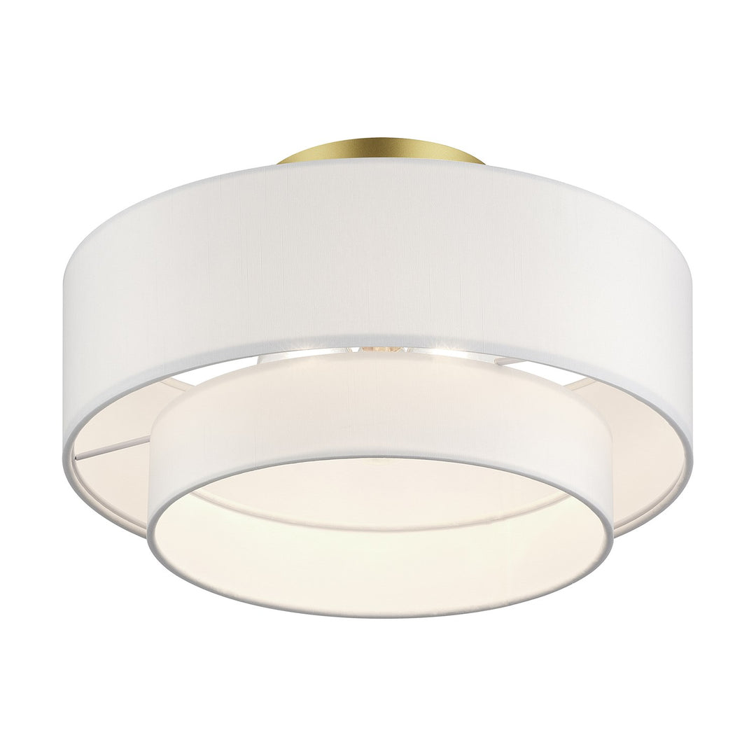 3 Light Soft Gold Large Semi-Flush With Hand Crafted Off-White Color Fabrics