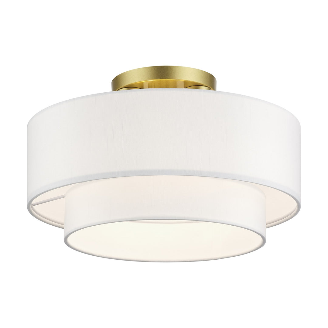 3 Light Soft Gold Large Semi-Flush With Hand Crafted Off-White Color Fabrics
