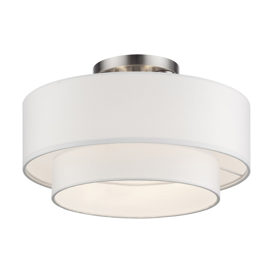 3 Light Brushed Nickel Large Semi-Flush With Hand Crafted Off-White
