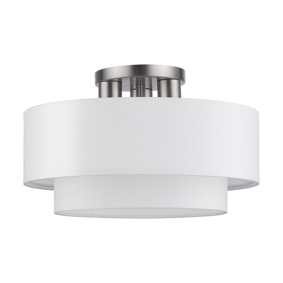 3 Light Brushed Nickel Large Semi-Flush With Hand Crafted Off-White
