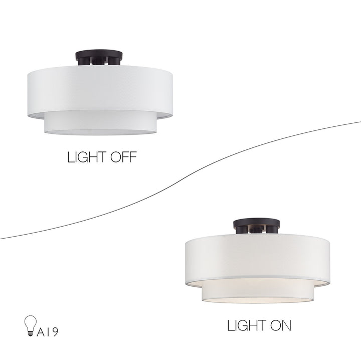3 Light Bronze Large Semi-Flush With Hand Crafted Off-White Color Fabrics