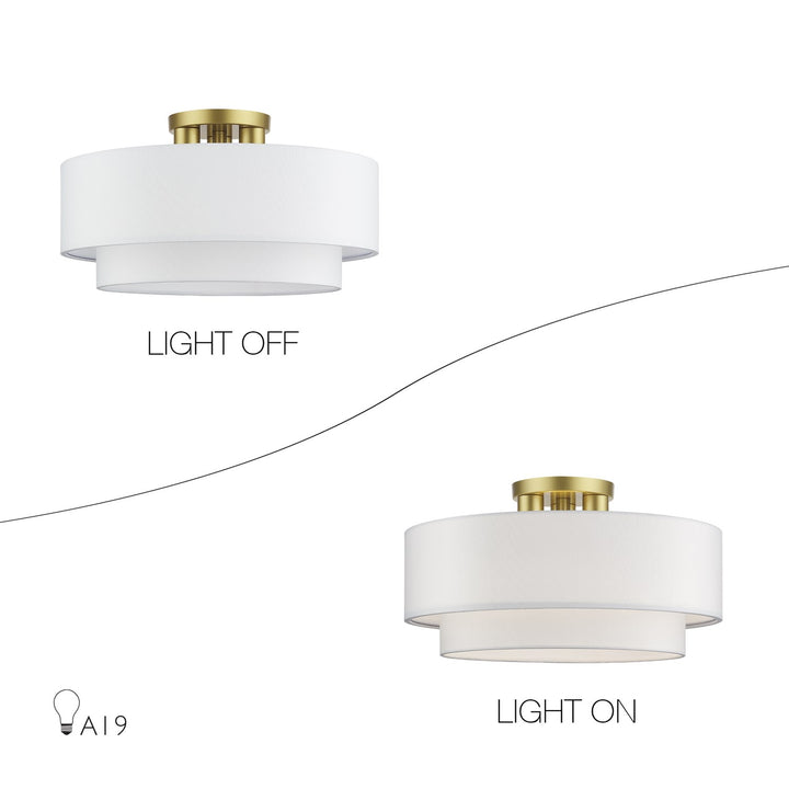 3 Light Soft Gold Large Semi-Flush With Hand Crafted Off-White Color Fabrics