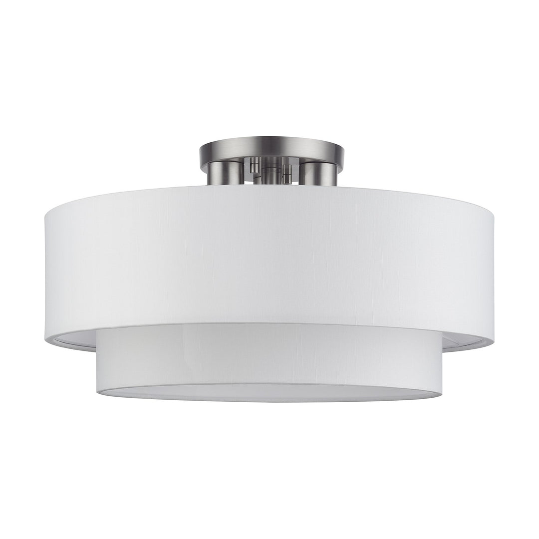 3 Light Brushed Nickel Large Semi-Flush With Hand Crafted Off-White