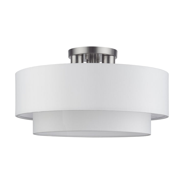 3 Light Brushed Nickel Large Semi-Flush With Hand Crafted Off-White