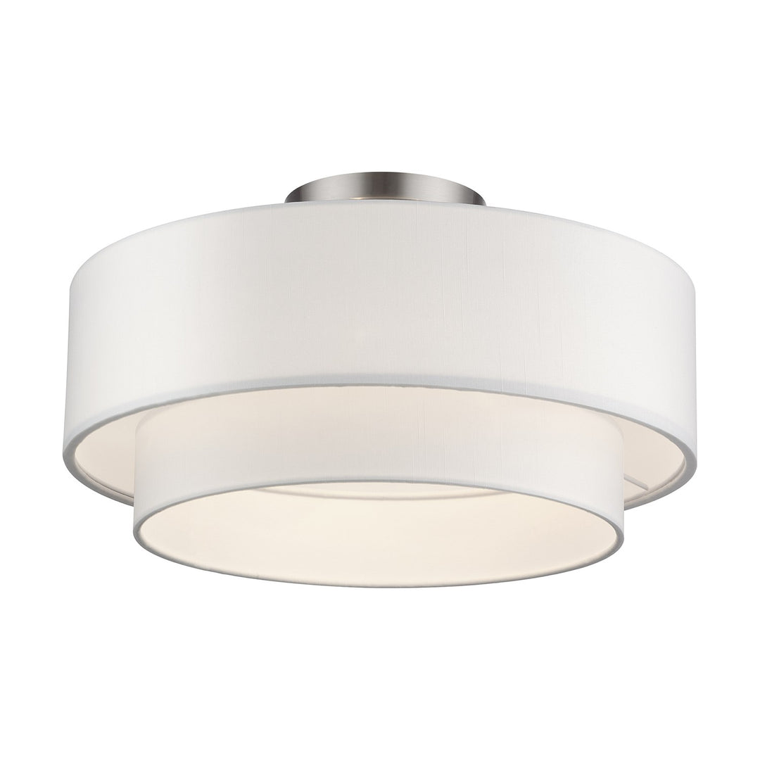 3 Light Brushed Nickel Large Semi-Flush With Hand Crafted Off-White
