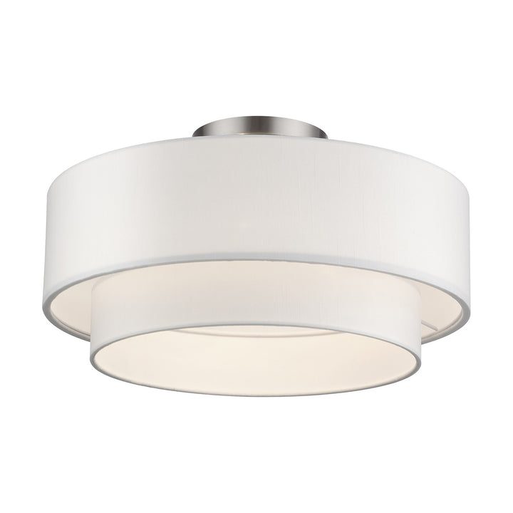 3 Light Brushed Nickel Large Semi-Flush With Hand Crafted Off-White