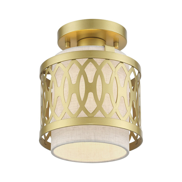 1 Light Soft Gold Semi-Flush With Hand Crafted Oatmeal Color Fabric