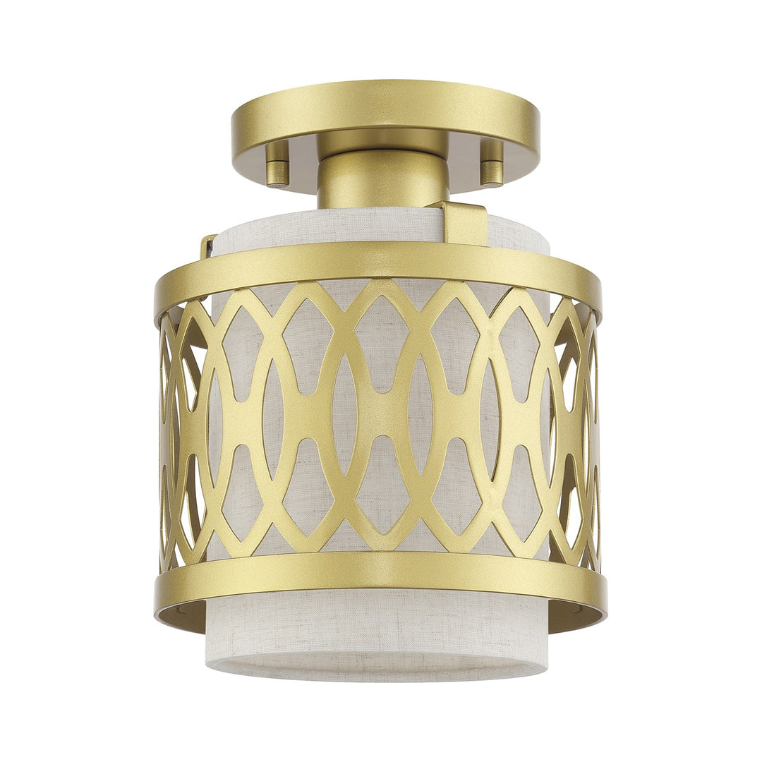 1 Light Soft Gold Semi-Flush With Hand Crafted Oatmeal Color Fabric